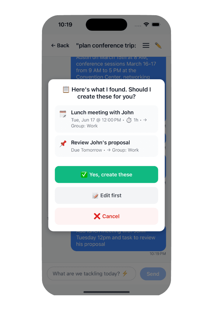 Stratus Productivity AI creating taksks and events from natural language